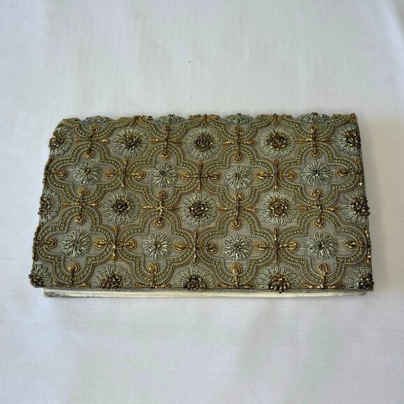 India Art Emporium Hand Made Silk & Beaded Evening Bag Clutch | Gold Silver - Picture 2 of 12